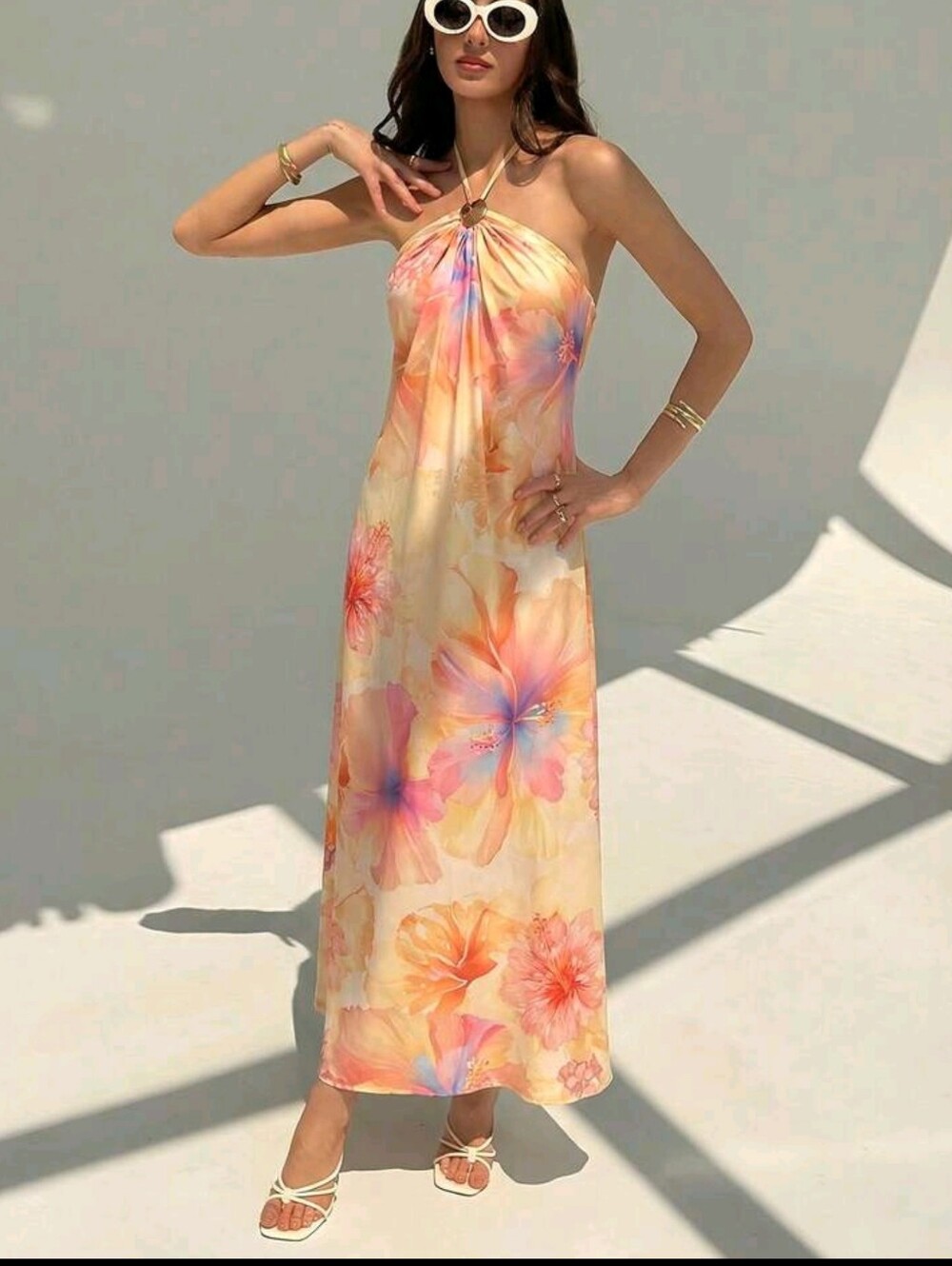 New Champagne Backless Pleated Minimalist Long Dress, Metal Ball Decor - Picture 3 of 6
